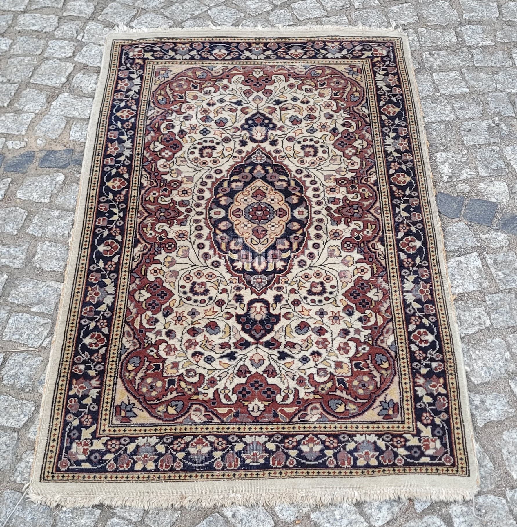 Rug Indo Tabriz 105x64 cm, beige red blue, wool cotton, India - 304161