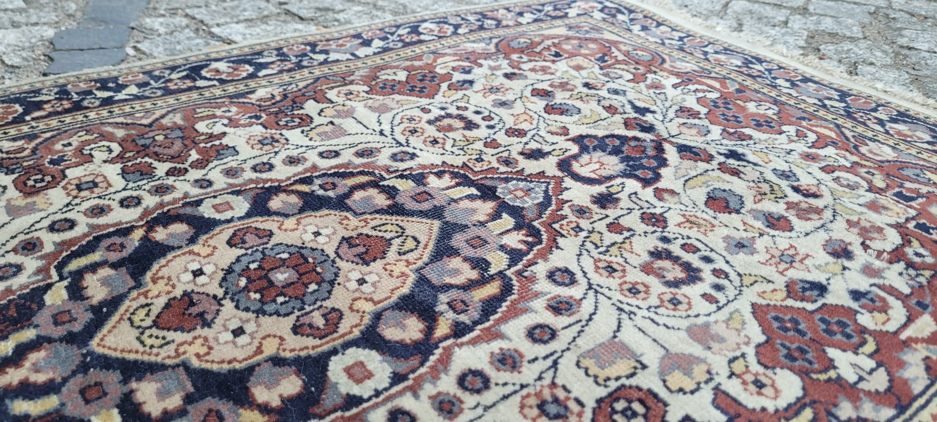 Rug Indo Tabriz 105x64 cm, beige red blue, wool cotton, India - 304162