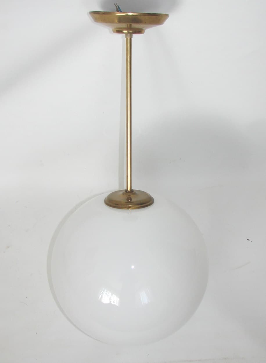 Pendant Lamp Mid Century Modern, gold brass, milky white glass, 1950s - 304352