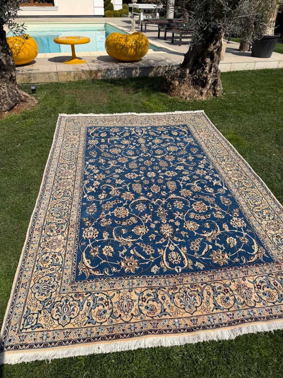 Rug Nain, 300x200 cm, sapphire blue multicolor, Kashmiri wool silk, Iran - 304360
