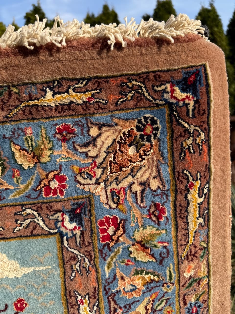 Tapestry Rug Ghoum/Qom 200x125 cm, beige, Kashmiri wool silk, Iran, 1980s. - 304404