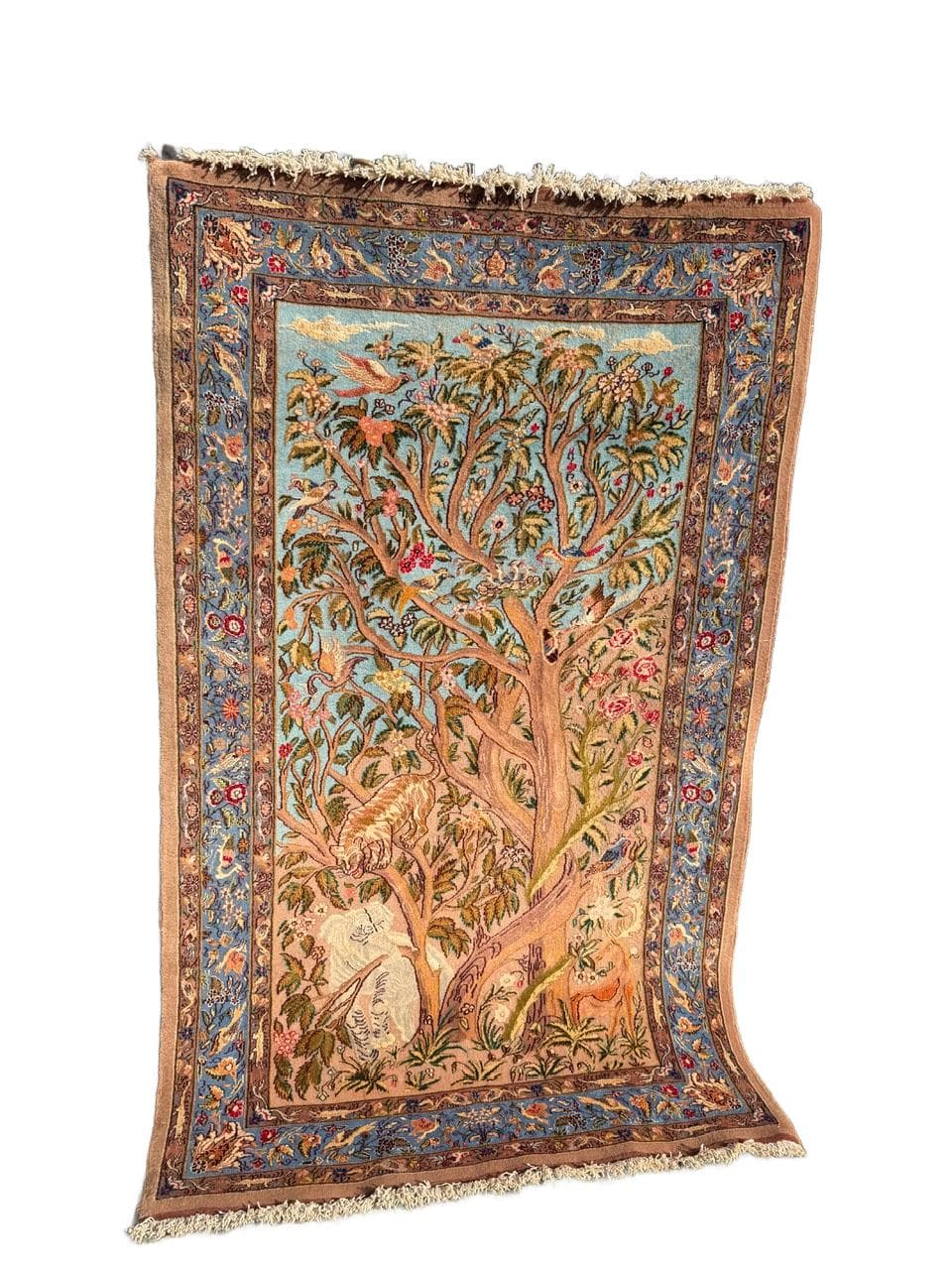 Tapestry Rug Ghoum/Qom 200x125 cm, beige, Kashmiri wool silk, Iran, 1980s.