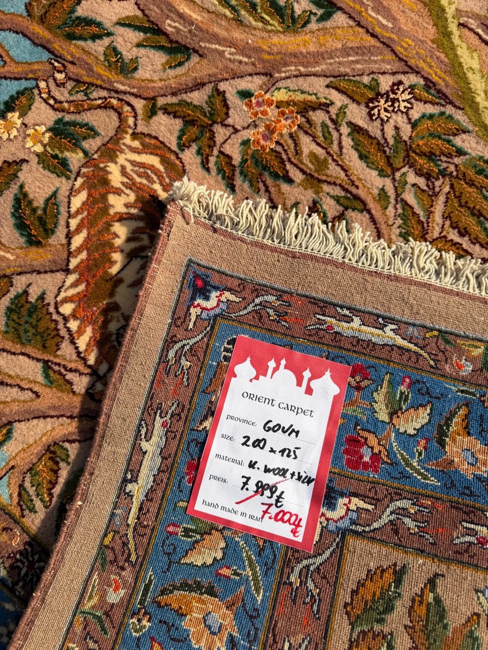 Tapestry Rug Ghoum/Qom 200x125 cm, beige, Kashmiri wool silk, Iran, 1980s. - 304409