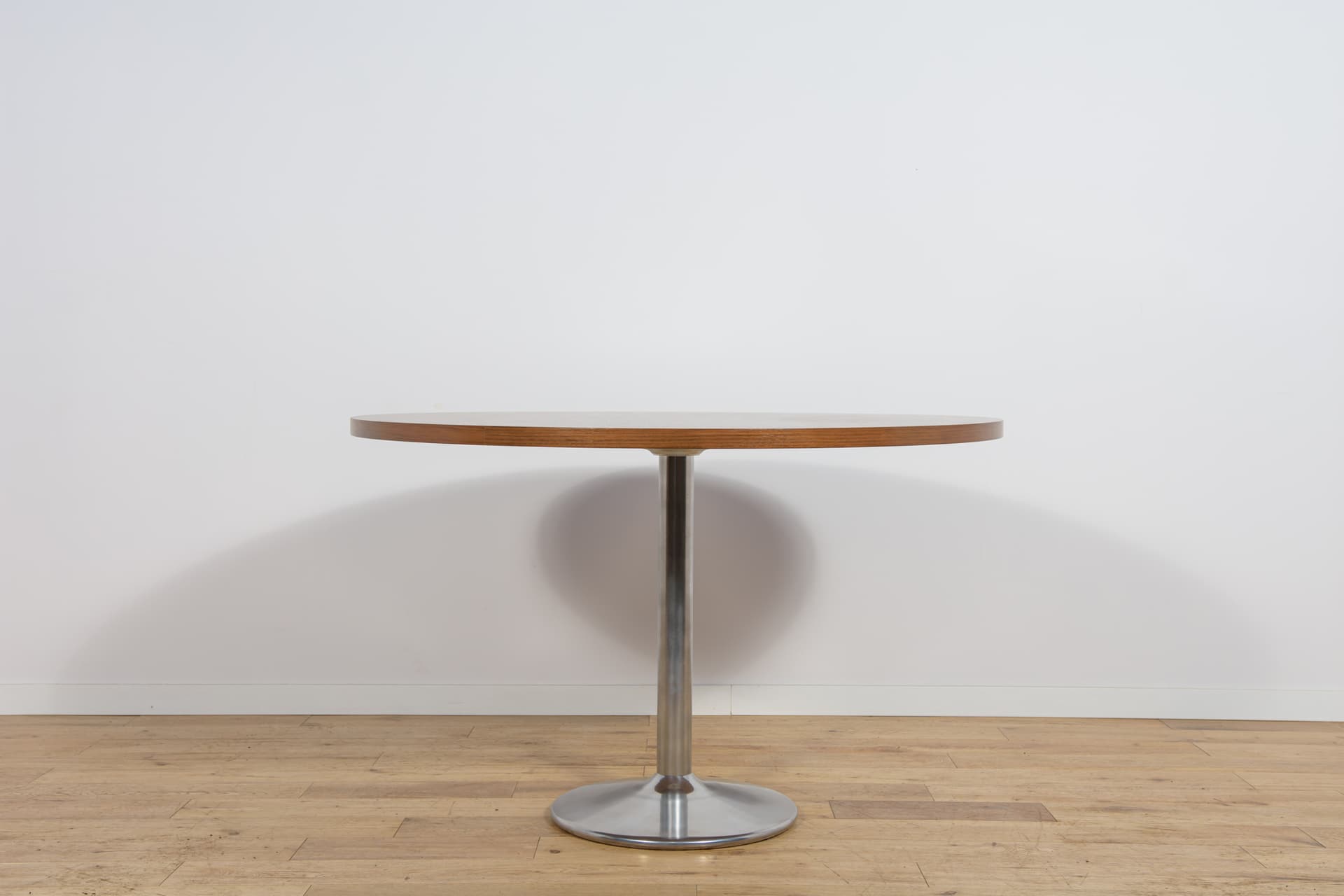 Round Table, brown teak, silver aluminum, Denmark, 1970s. - 304491