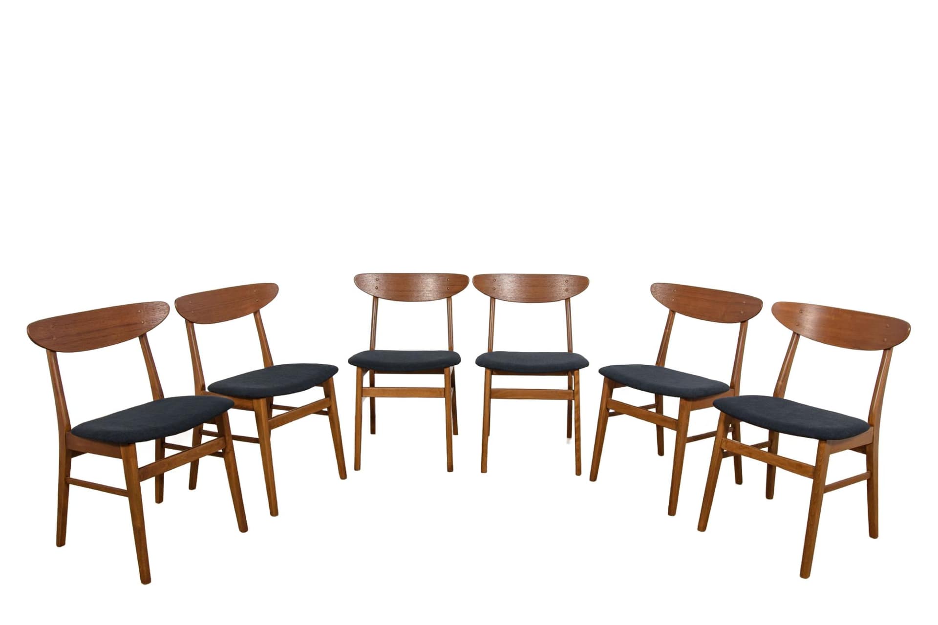 Set of six chairs Model 210, brown beech, red teak, black synthetic fabric, Farstrup Møbler, Denmark, 1950s.