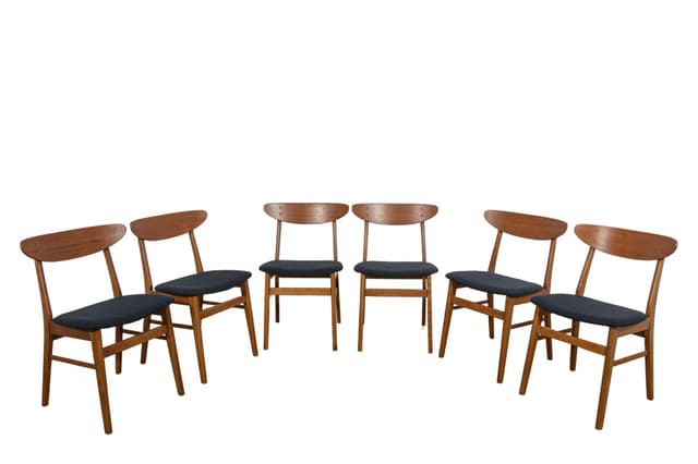 Set of six chairs Model 210, brown beech, red teak, black synthetic fabric, Farstrup Møbler, Denmark, 1950s. - DIMENSION