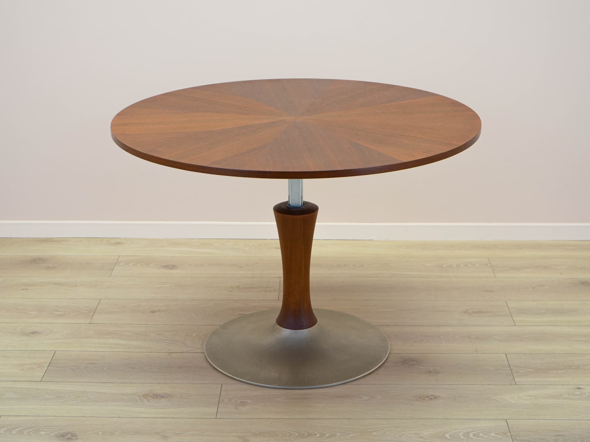 Round table, brown teak, brushed silver aluminum, Denmark, 1970s. - 304581
