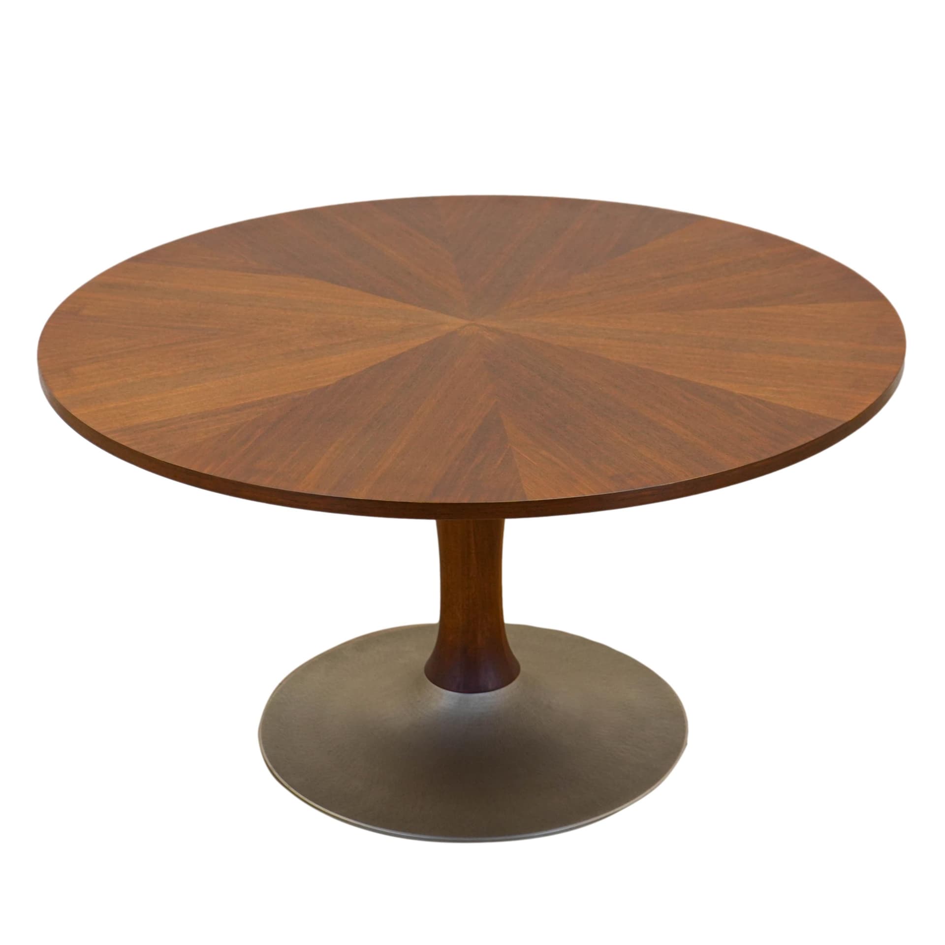 Round table, brown teak, brushed silver aluminum, Denmark, 1970s.