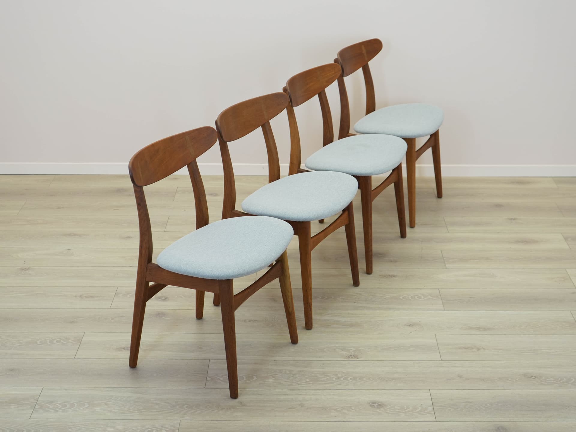 Set of four chairs CH30, brown teak, light oak, grey-blue fabric, by H. Wegner, Denmark, 1960s. - 304588