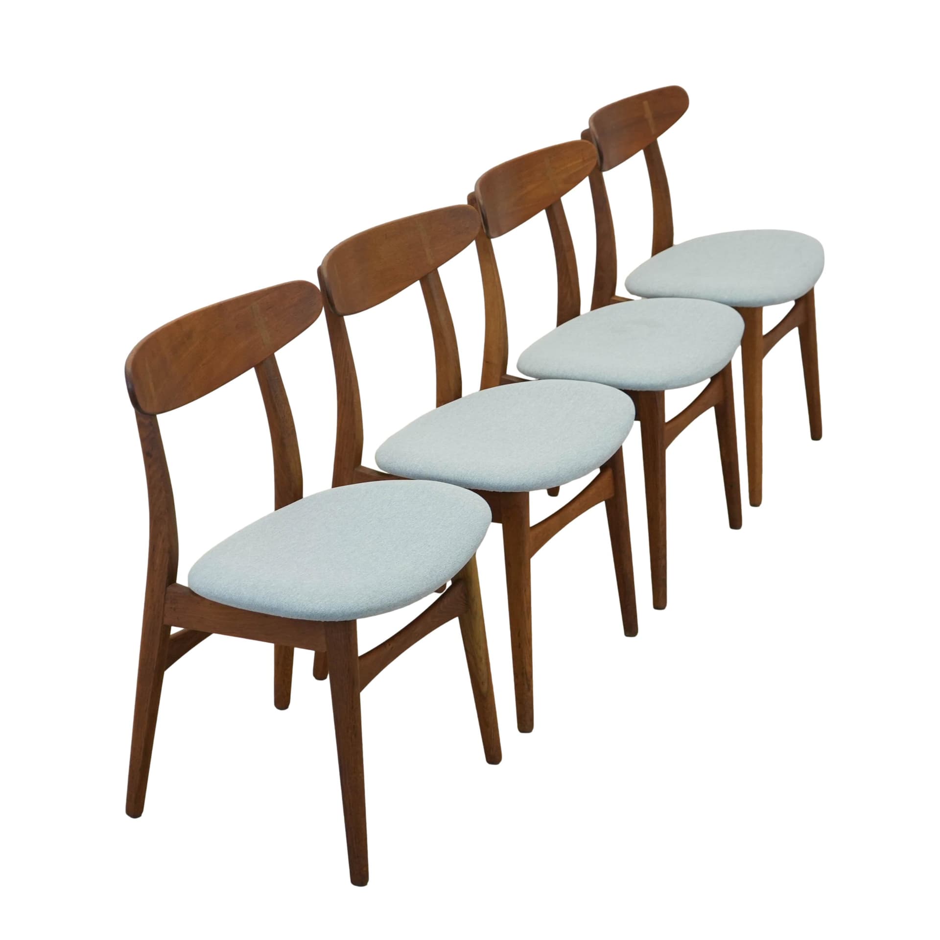 Set of four chairs CH30, brown teak, light oak, grey-blue fabric, by H. Wegner, Denmark, 1960s.