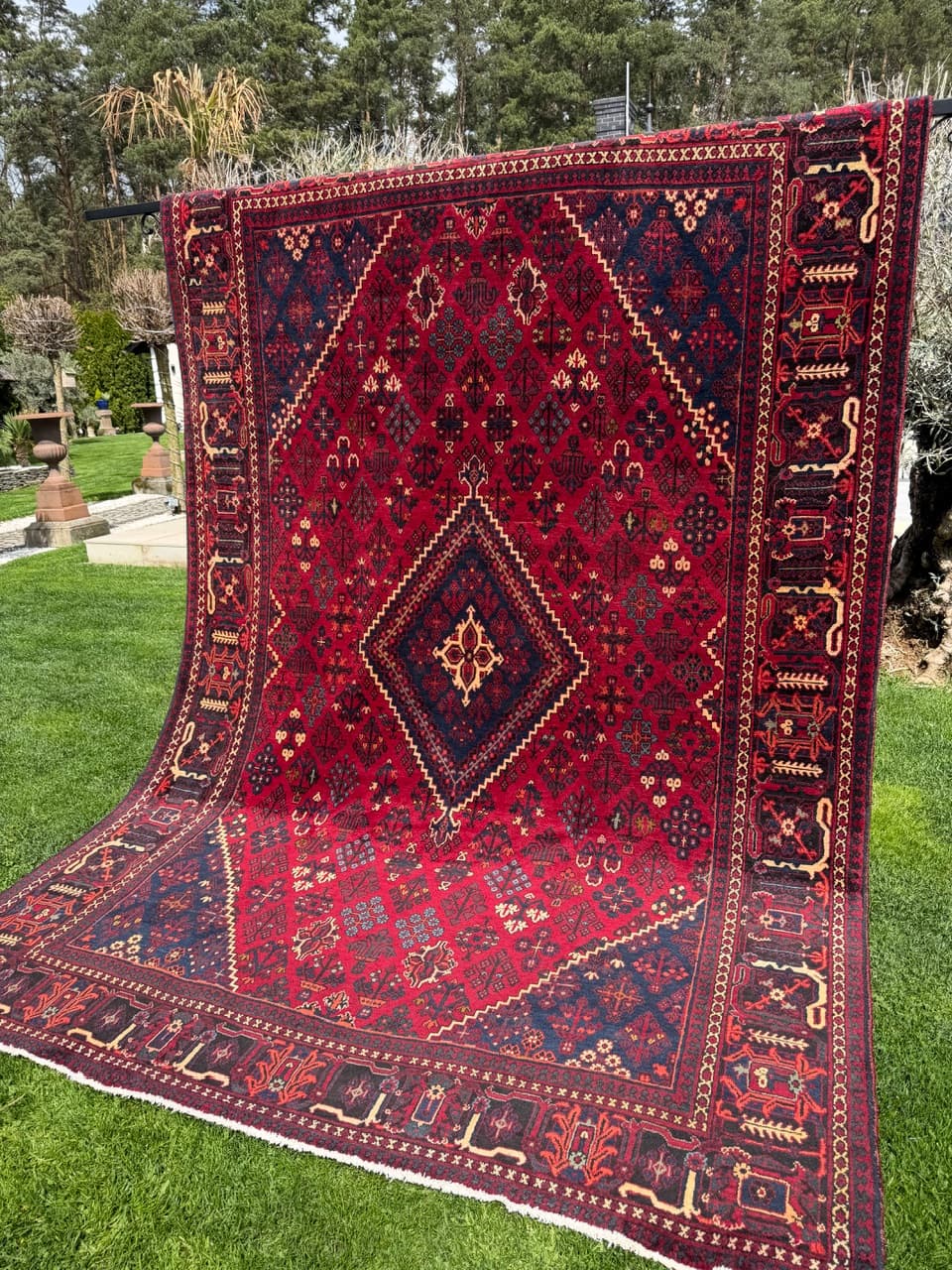 Dywan perski Bidjar, czerwony granatowy beżowy złoty czarny, wełna, Iran, 350x250 cm - 304624