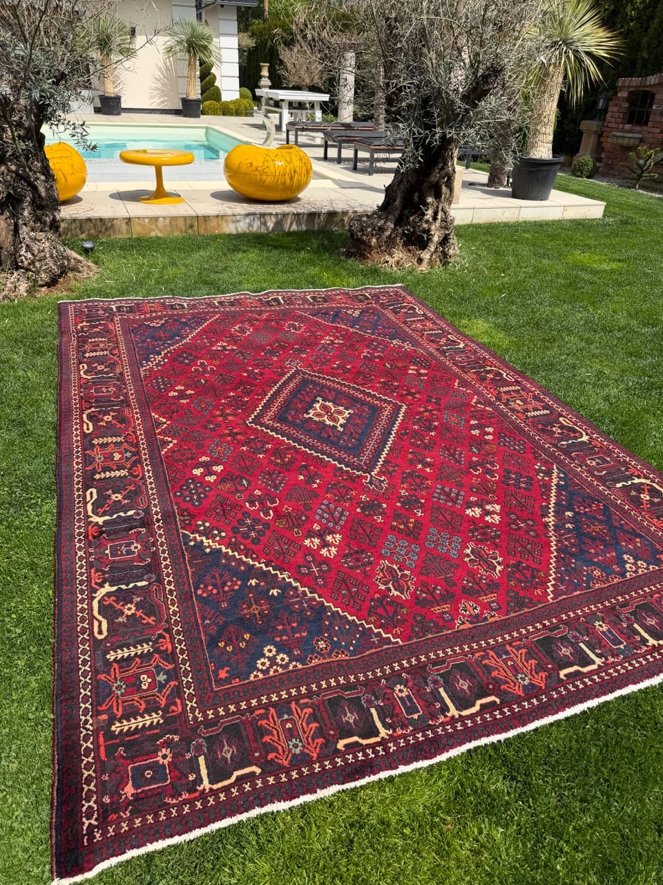 Dywan perski Bidjar, czerwony granatowy beżowy złoty czarny, wełna, Iran, 350x250 cm - 304620
