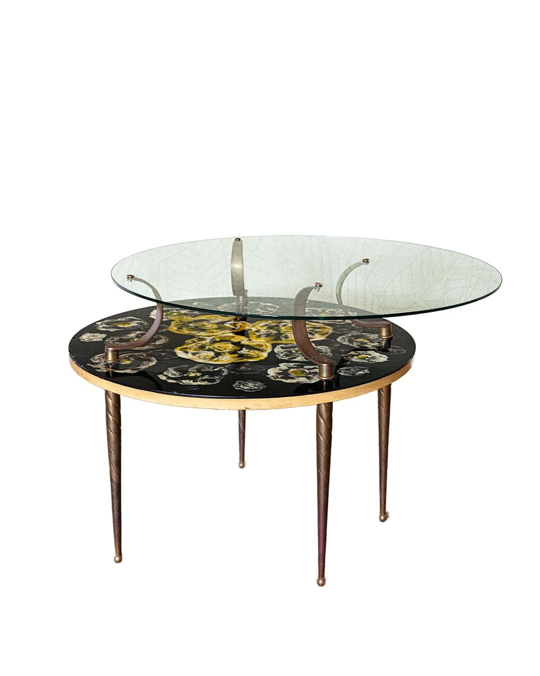 Coffee table, black multicolor resin top, transparent glass, brass, Italy, 1950s.