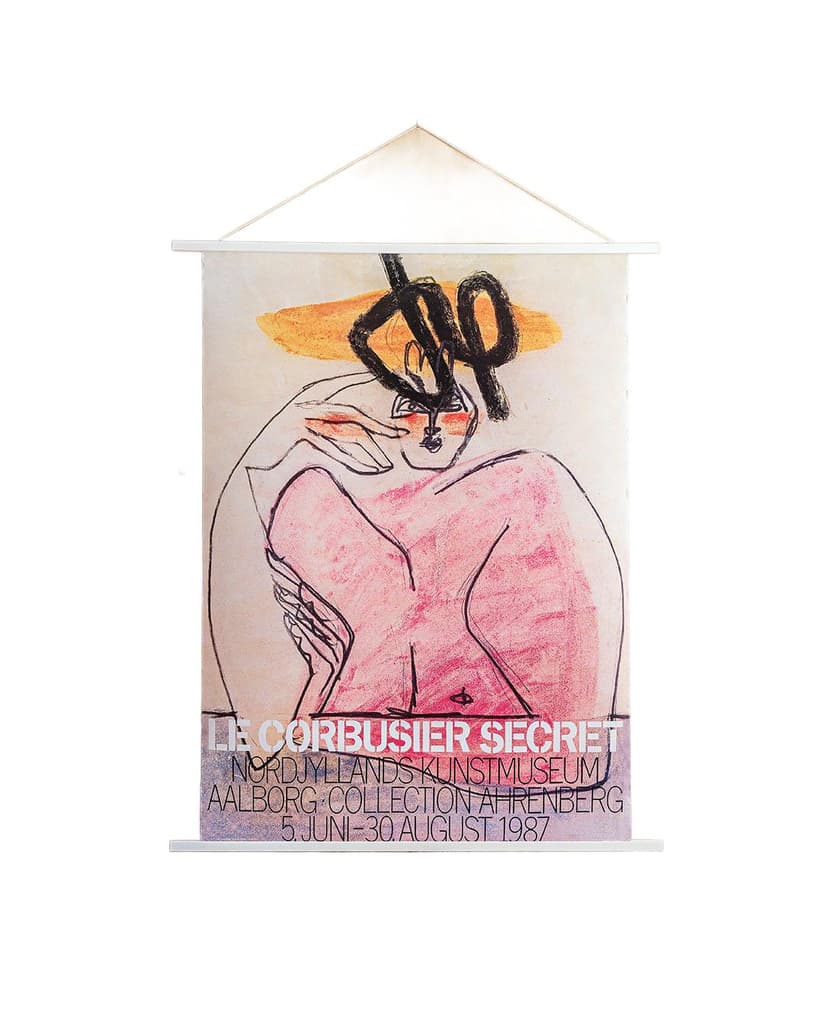 Plakat wystawowy Le Corbusier Secret, 126x89cm, czarny, różowy, pomarańczowy, żółty, biały, Dania, lata 80.
