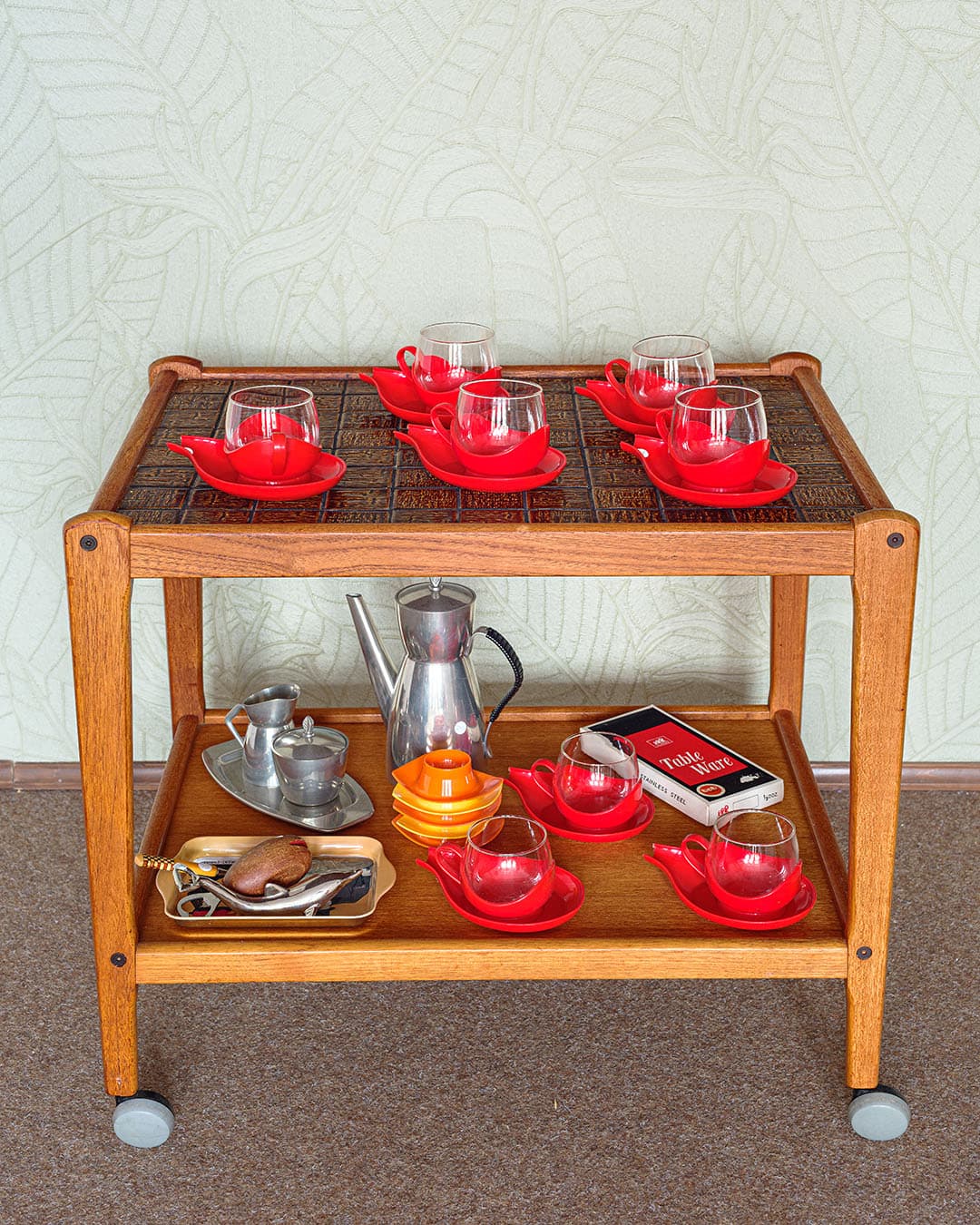 Bar cart, brown wood, ceramic, Denmark, 1970s. - 304931