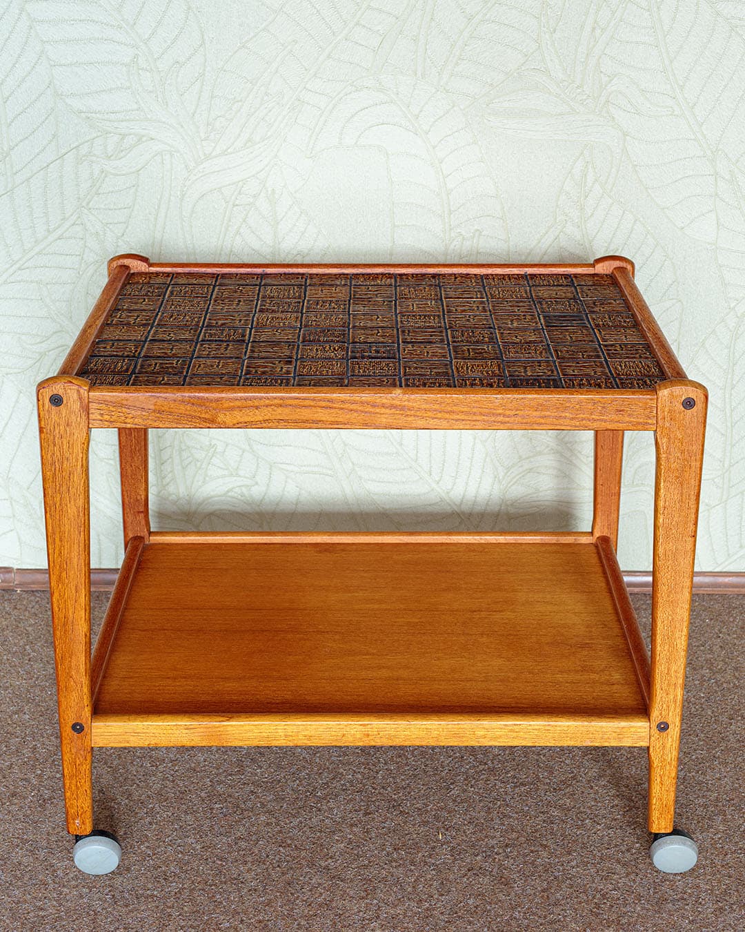 Bar cart, brown wood, ceramic, Denmark, 1970s. - 304925