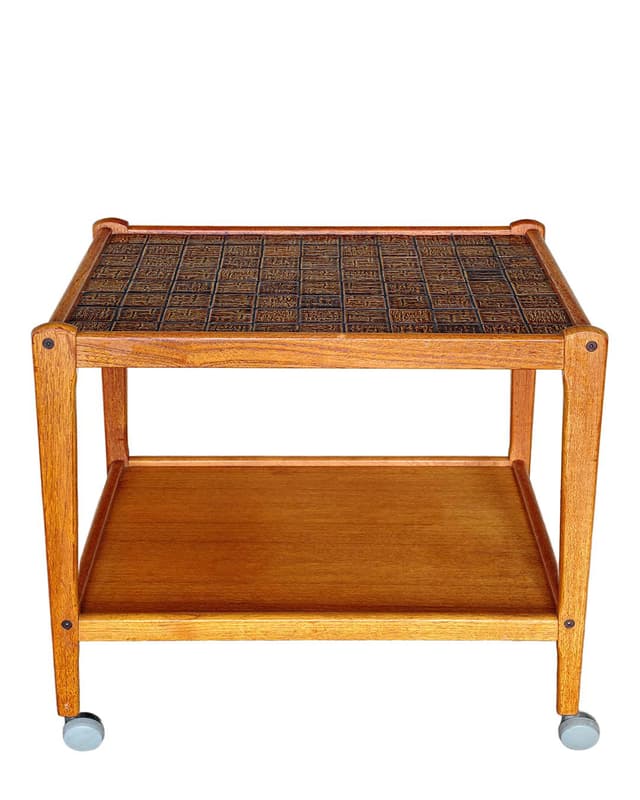 Bar cart, brown wood, ceramic, Denmark, 1970s. - DIMENSION