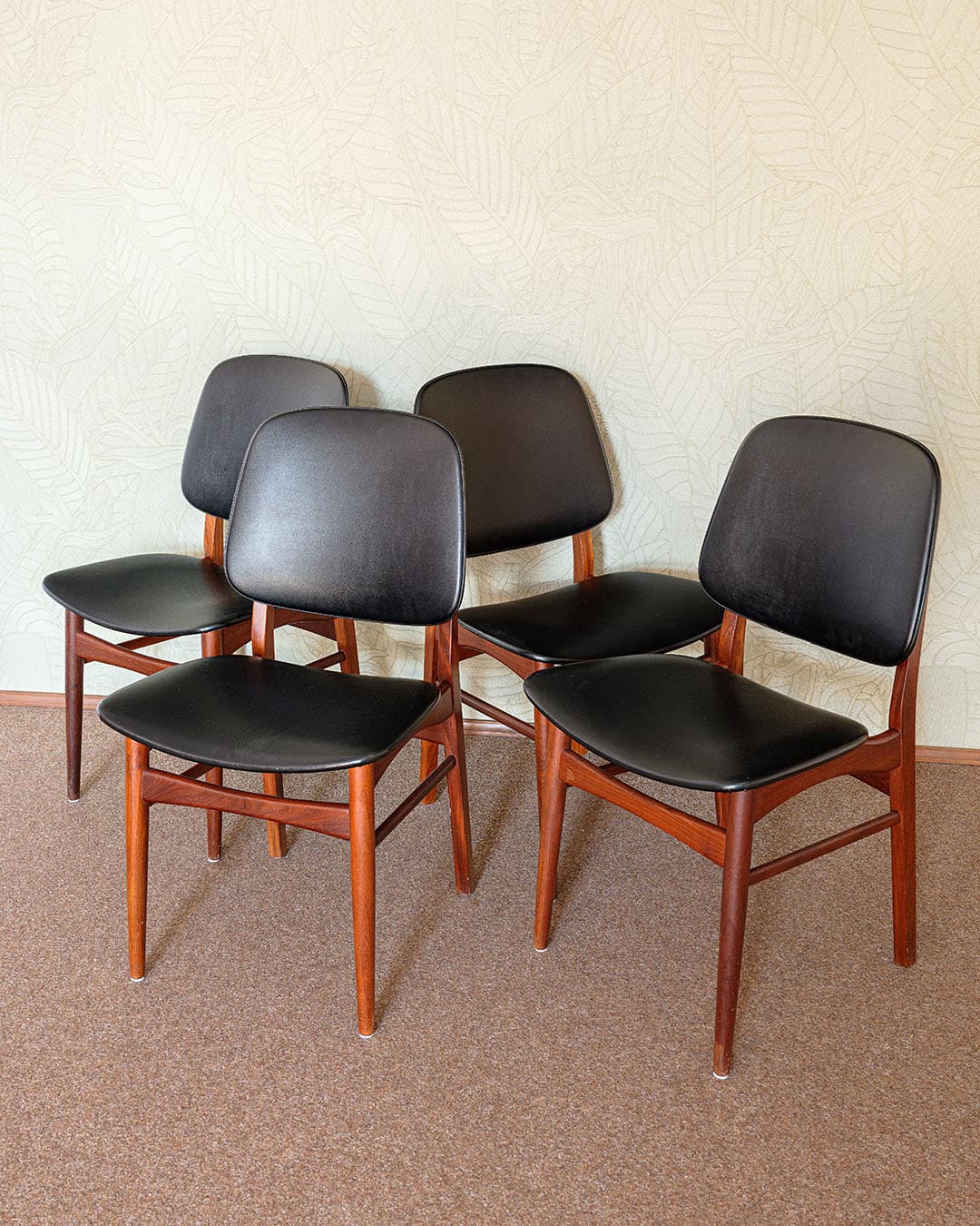 Set of four dining chairs, brown teak, black faux leather, by V. S. Andersen, Denmark, 1970s. - 304933