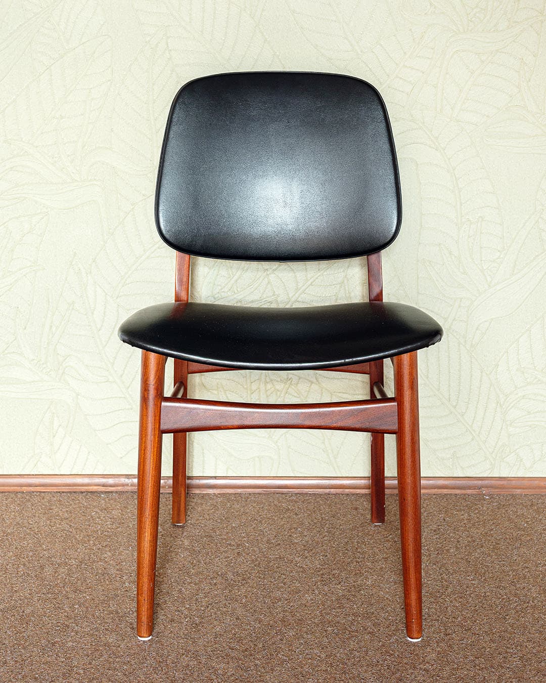 Set of four dining chairs, brown teak, black faux leather, by V. S. Andersen, Denmark, 1970s. - 304936