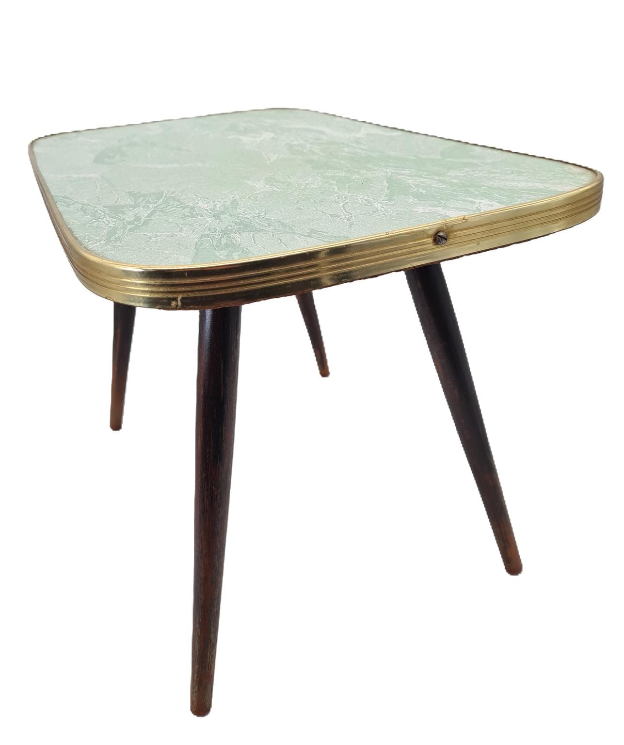 Coffee table Mid-Century Modern, green laminate, brown wood, gold metal, Europe, 1960s.