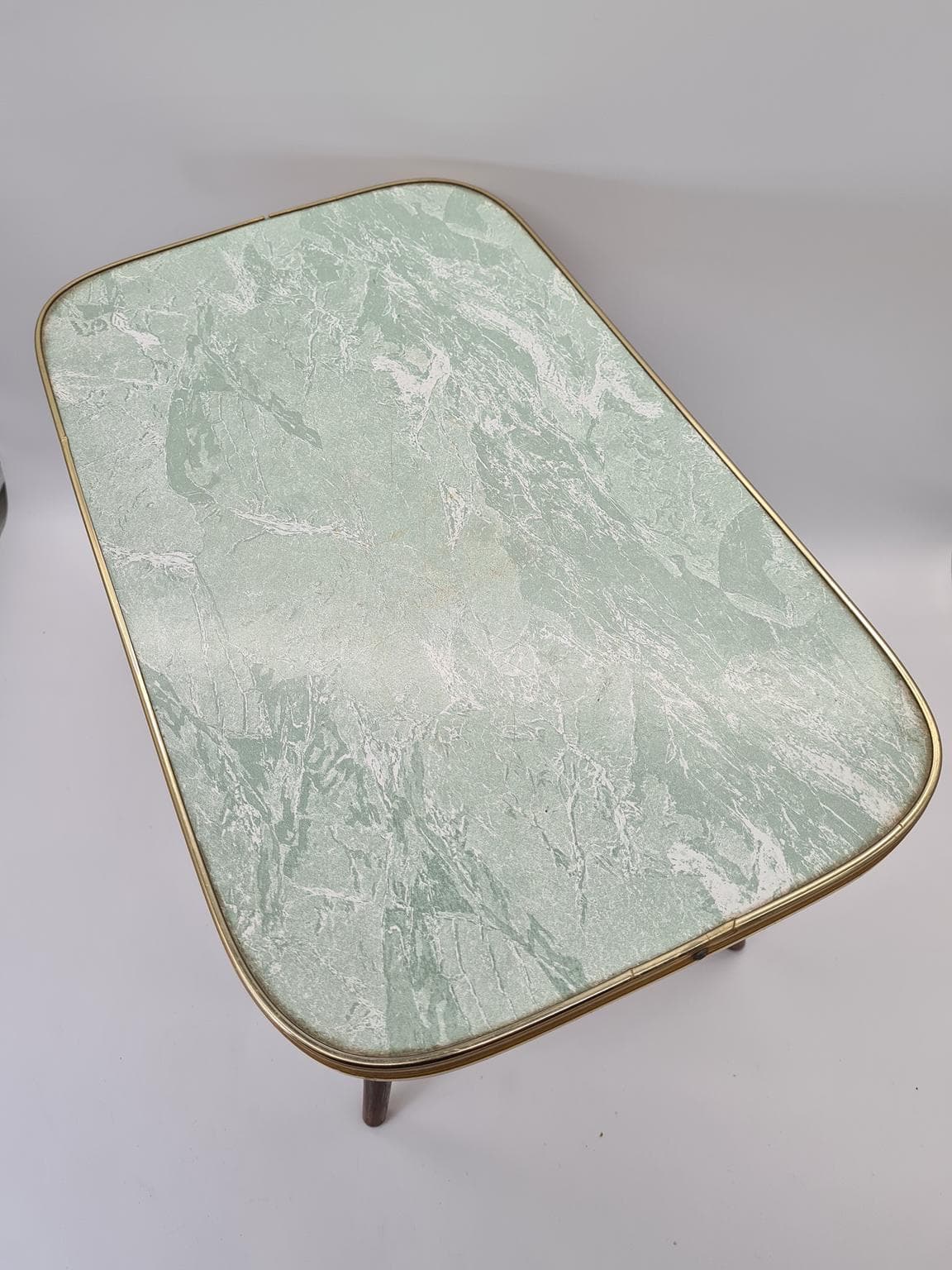 Coffee table Mid-Century Modern, green laminate, brown wood, gold metal, Europe, 1960s. - 305056