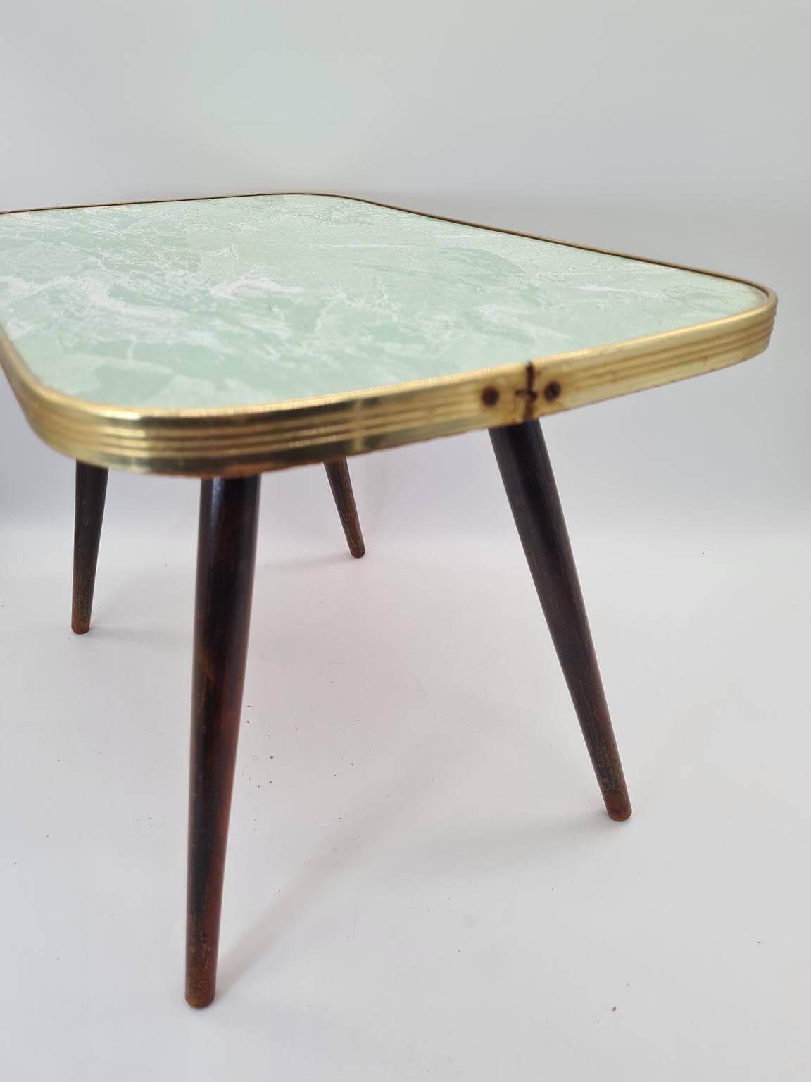 Coffee table Mid-Century Modern, green laminate, brown wood, gold metal, Europe, 1960s. - 305060