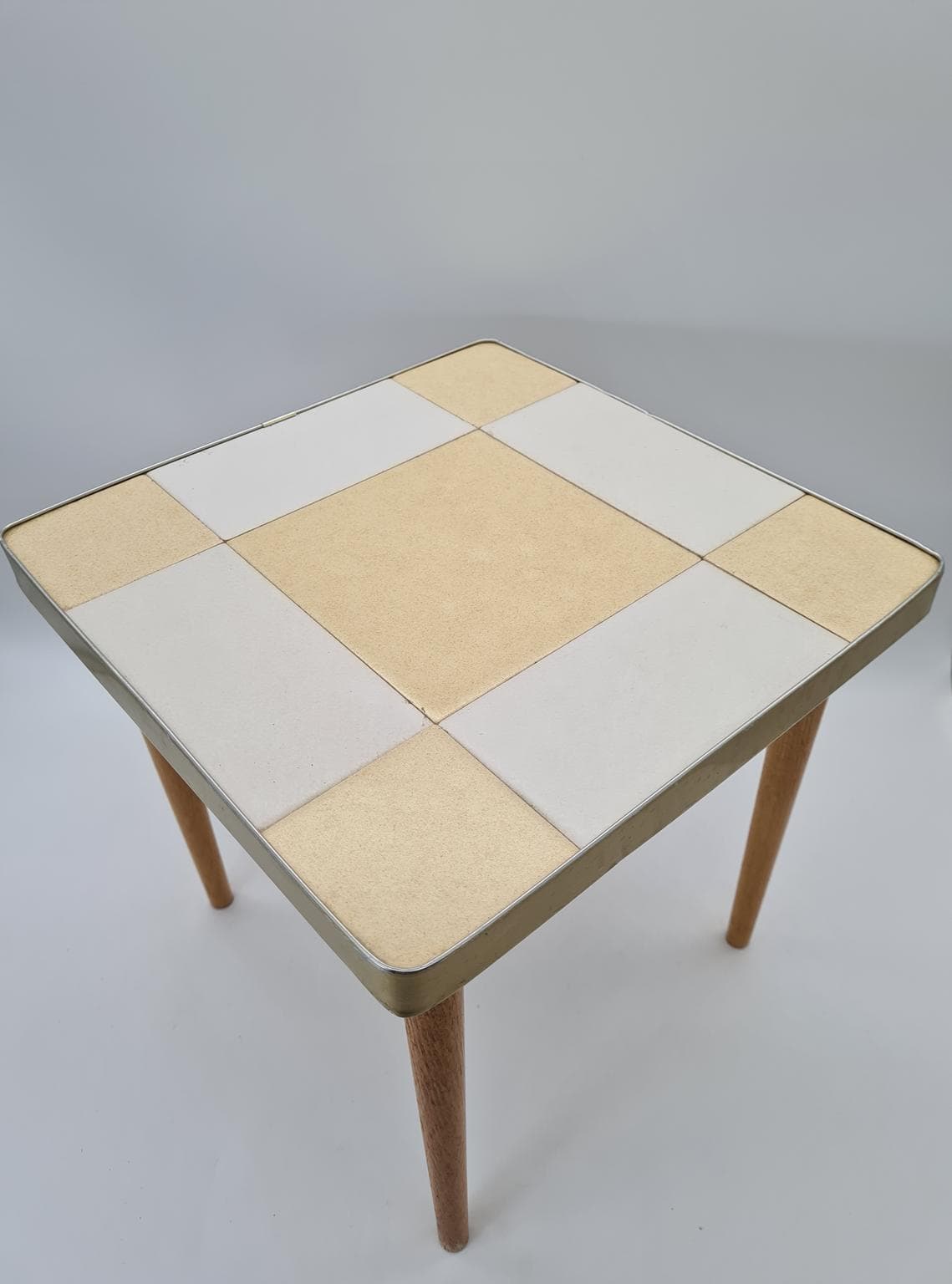 Coffee table Mid-Century Modern, beige and white ceramics, gold metal, brown wood, Europe, 1970s - 305069