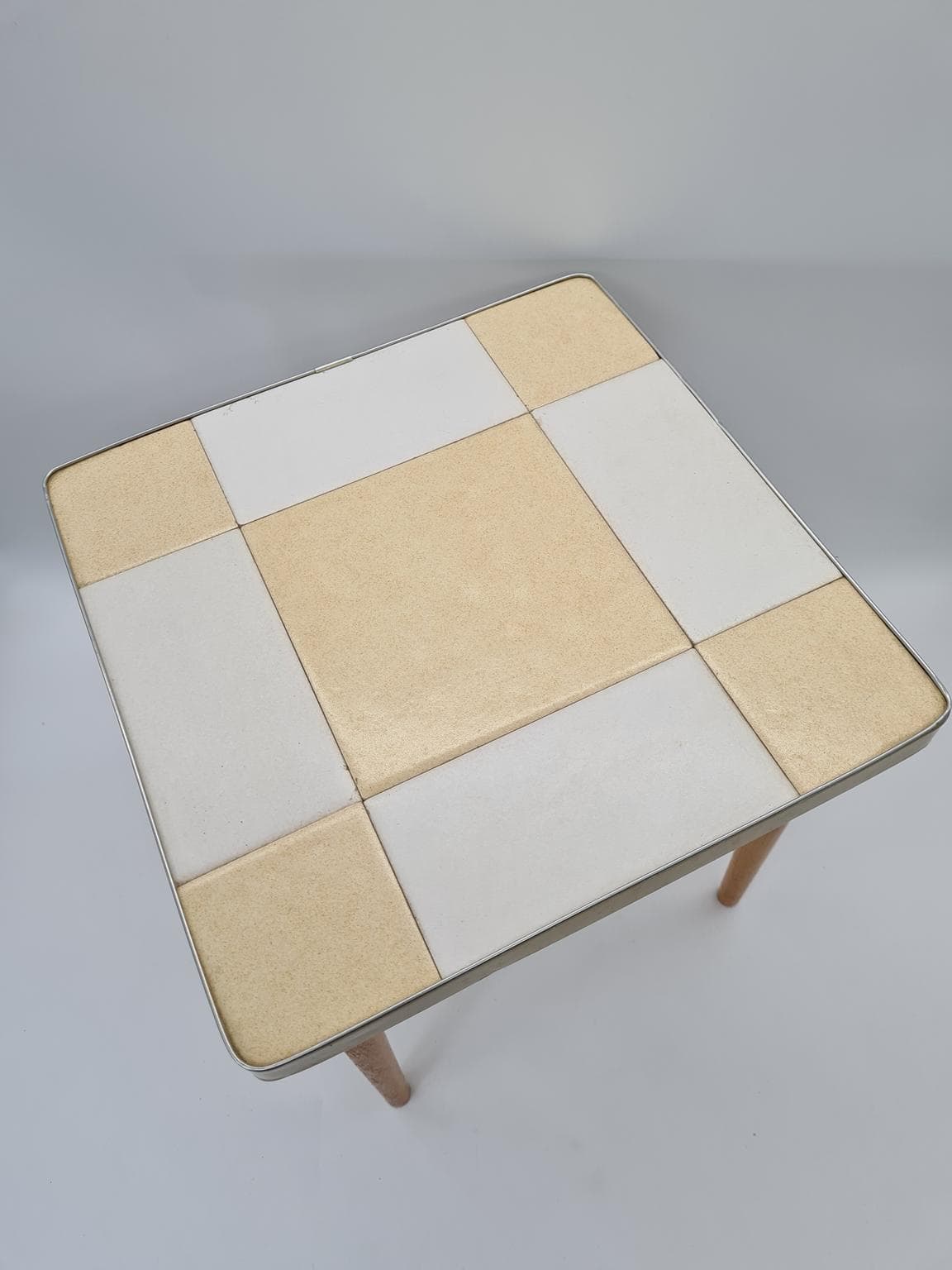 Coffee table Mid-Century Modern, beige and white ceramics, gold metal, brown wood, Europe, 1970s - 305066