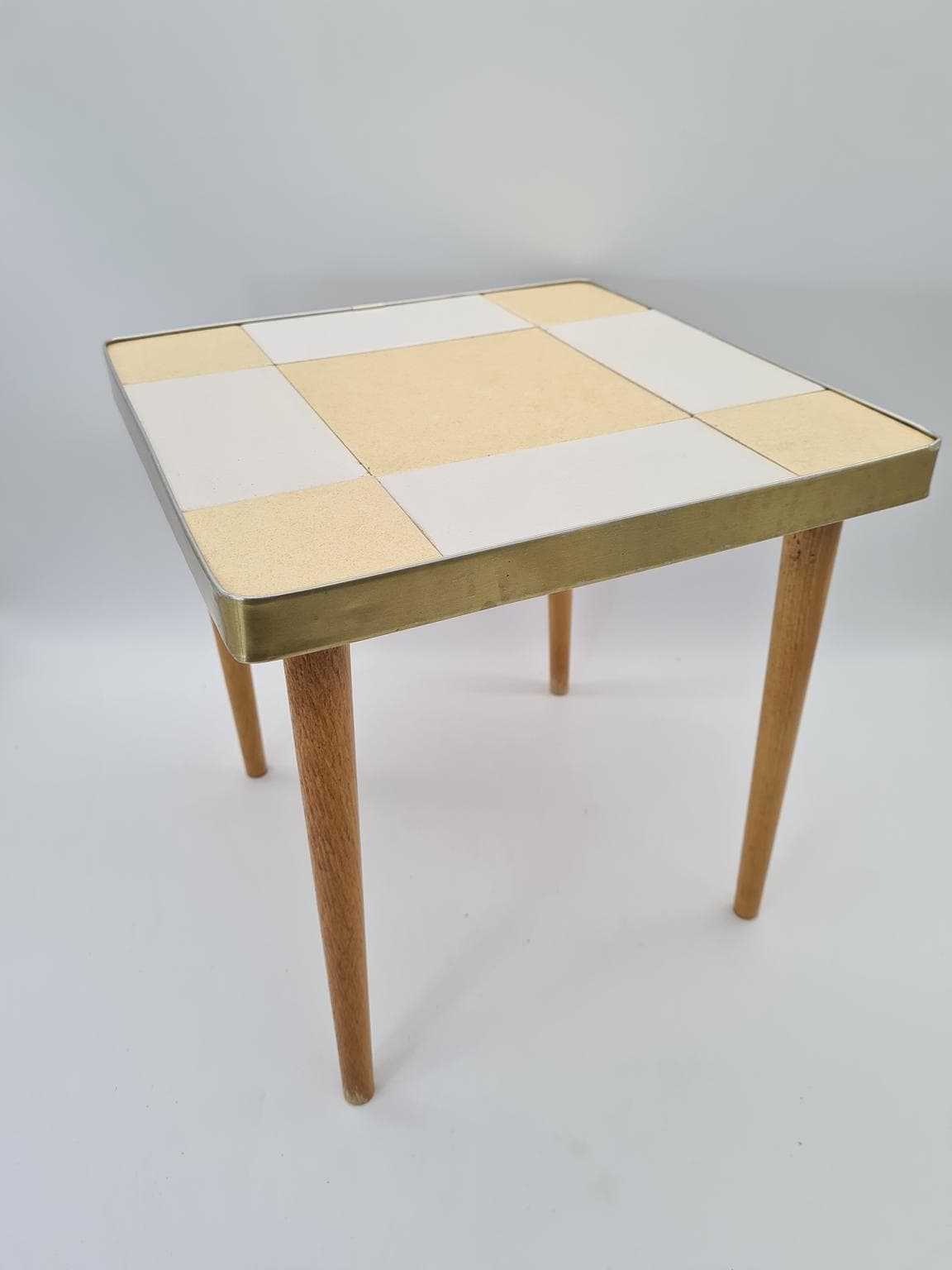 Coffee table Mid-Century Modern, beige and white ceramics, gold metal, brown wood, Europe, 1970s - 305064