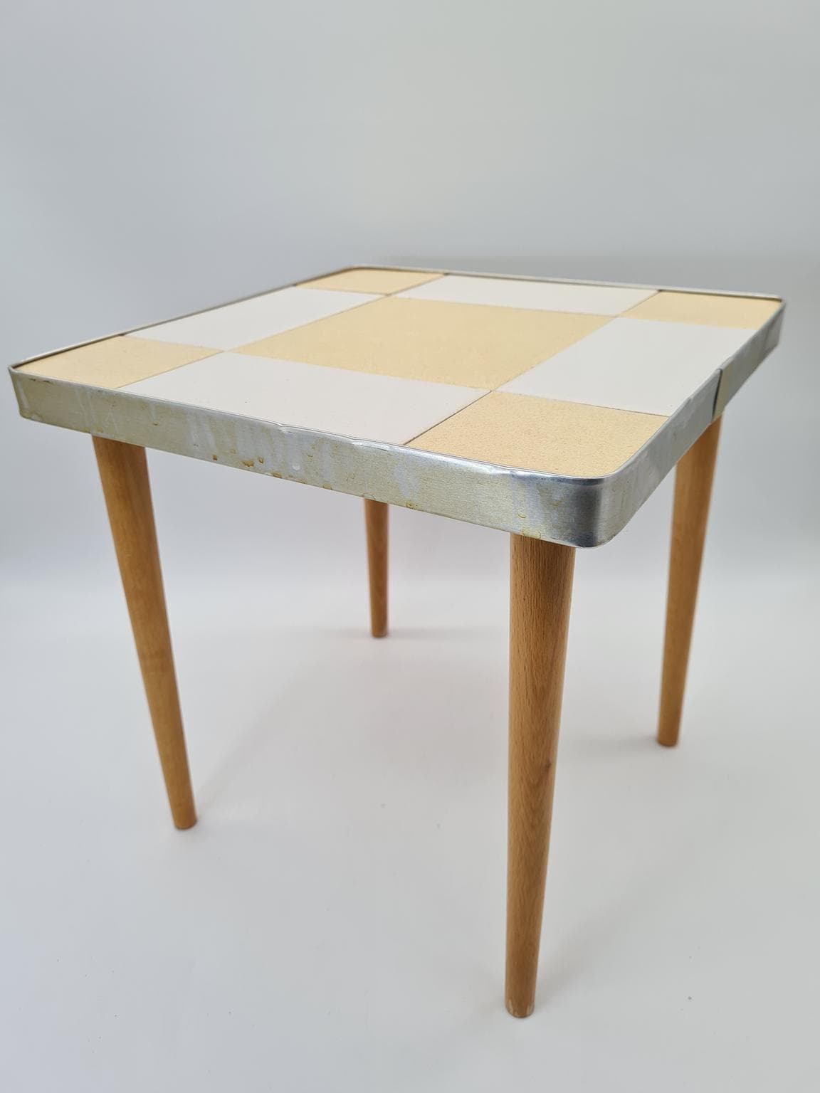 Coffee table Mid-Century Modern, beige and white ceramics, gold metal, brown wood, Europe, 1970s - 305067