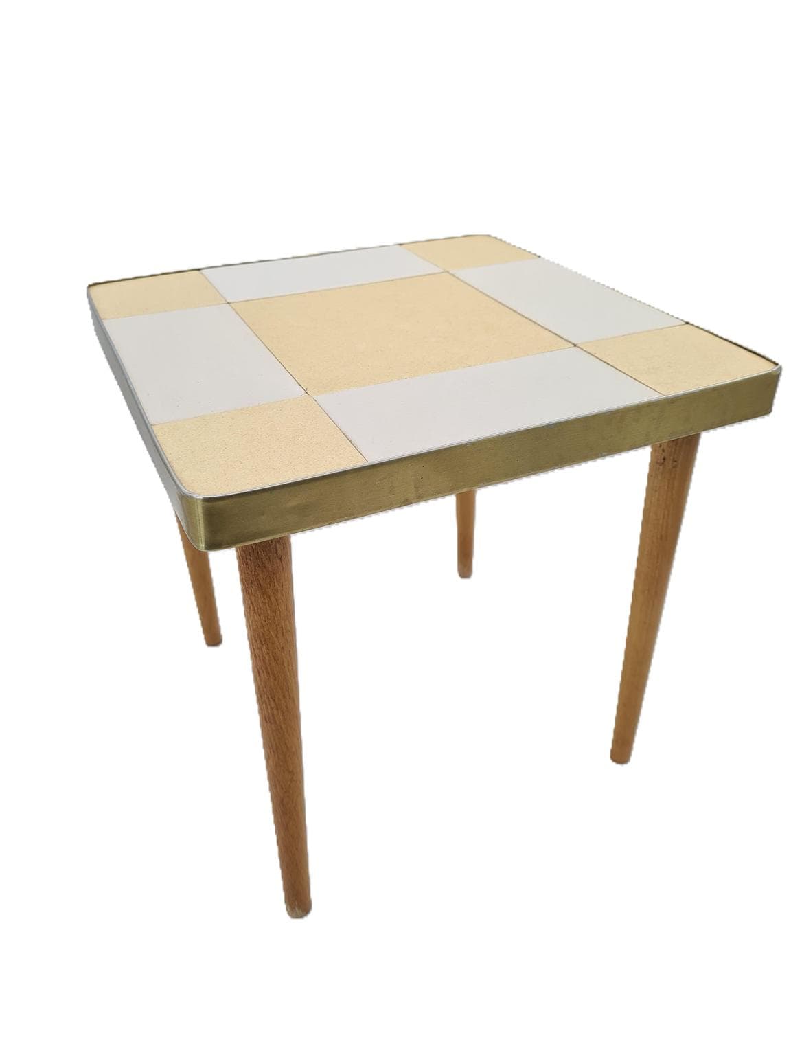 Coffee table Mid-Century Modern, beige and white ceramics, gold metal, brown wood, Europe, 1970s - 305063