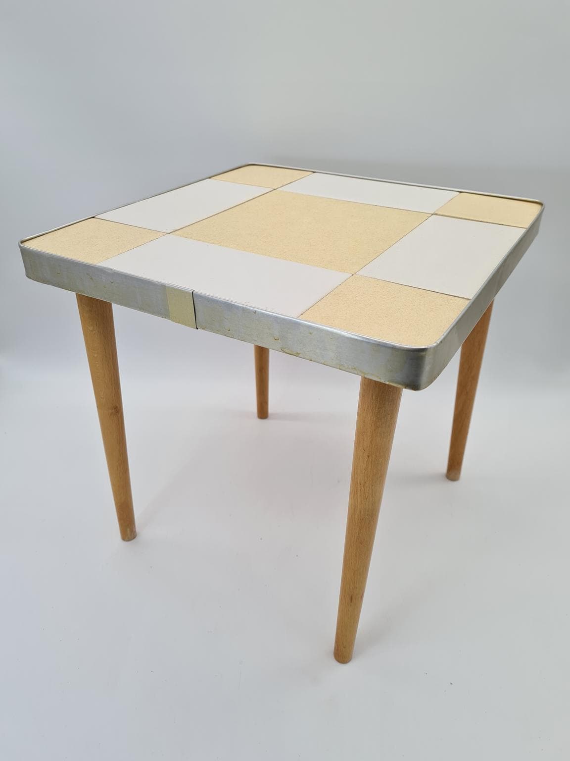Coffee table Mid-Century Modern, beige and white ceramics, gold metal, brown wood, Europe, 1970s - 305068