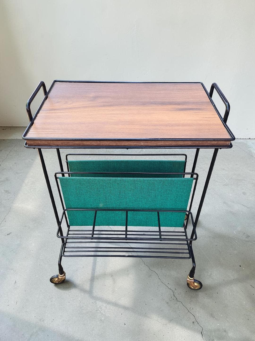 Side Table with Magazine Rack, brown wood veneer, black metal, green fabric, gold brass, 1970s. - 306067