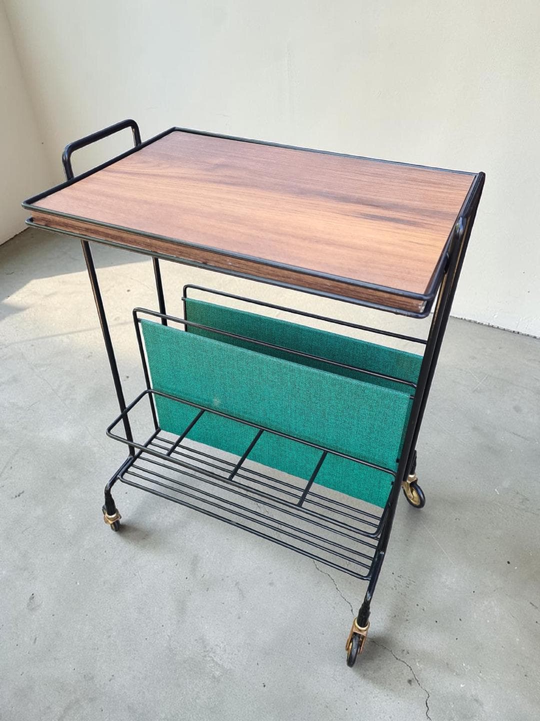 Side Table with Magazine Rack, brown wood veneer, black metal, green fabric, gold brass, 1970s. - 306073