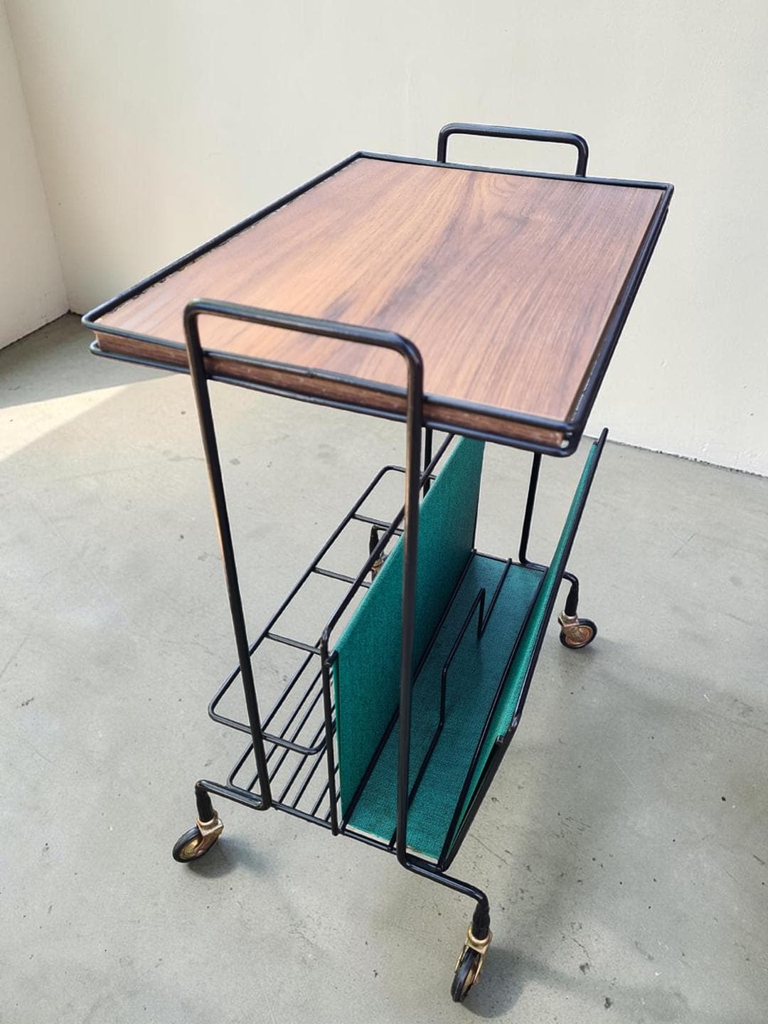 Side Table with Magazine Rack, brown wood veneer, black metal, green fabric, gold brass, 1970s. - 306072