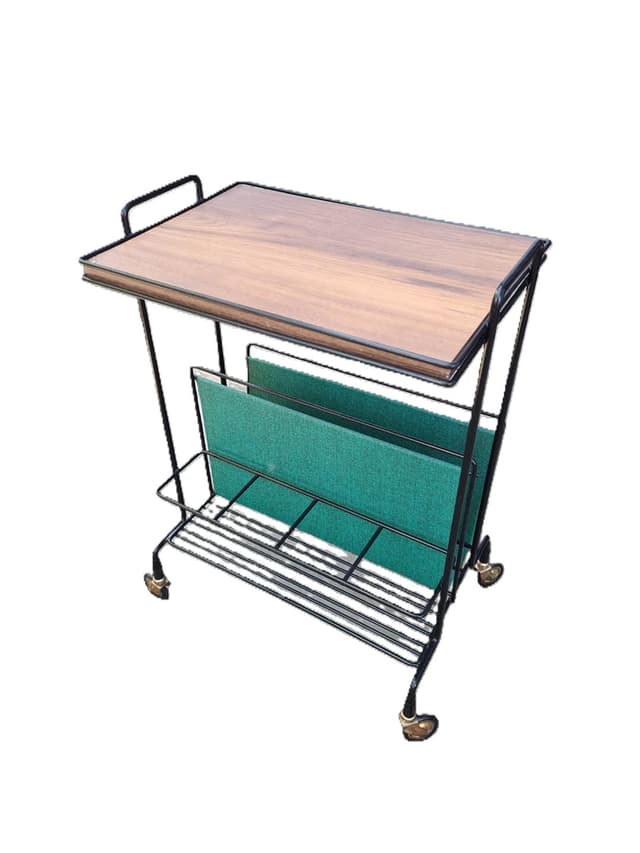 Side Table with Magazine Rack, brown wood veneer, black metal, green fabric, gold brass, 1970s. - DIMENSION
