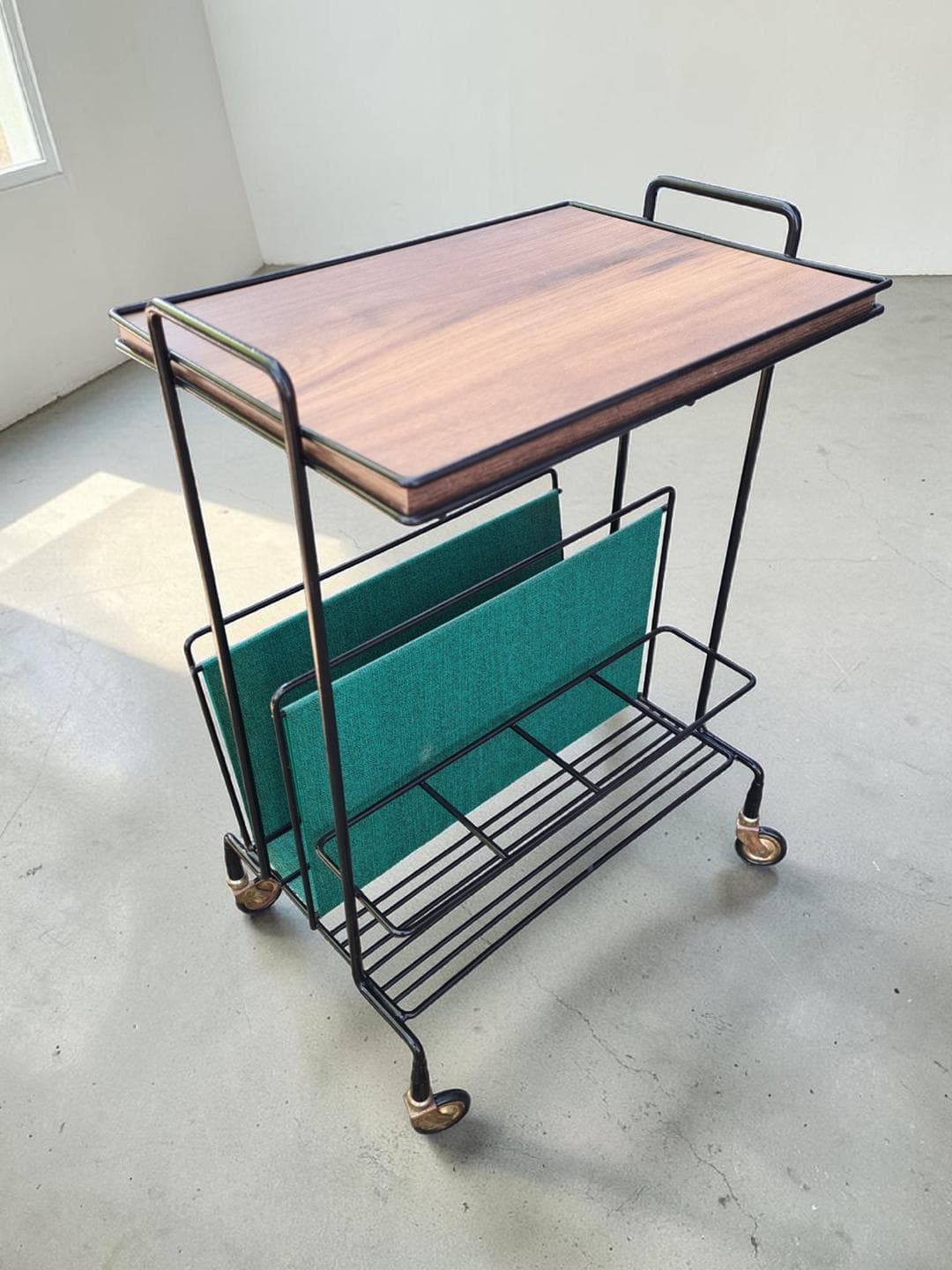 Side Table with Magazine Rack, brown wood veneer, black metal, green fabric, gold brass, 1970s. - 306068