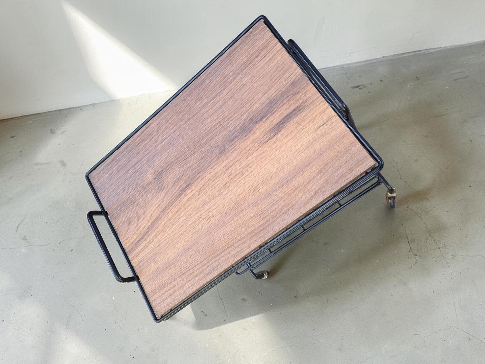 Side Table with Magazine Rack, brown wood veneer, black metal, green fabric, gold brass, 1970s. - 306074