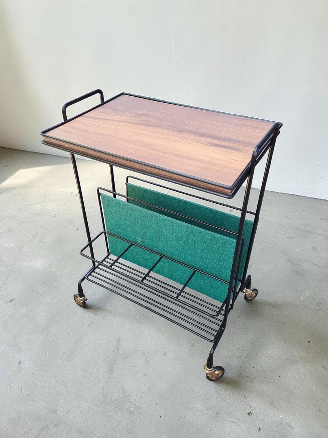 Side Table with Magazine Rack, brown wood veneer, black metal, green fabric, gold brass, 1970s. - 306066