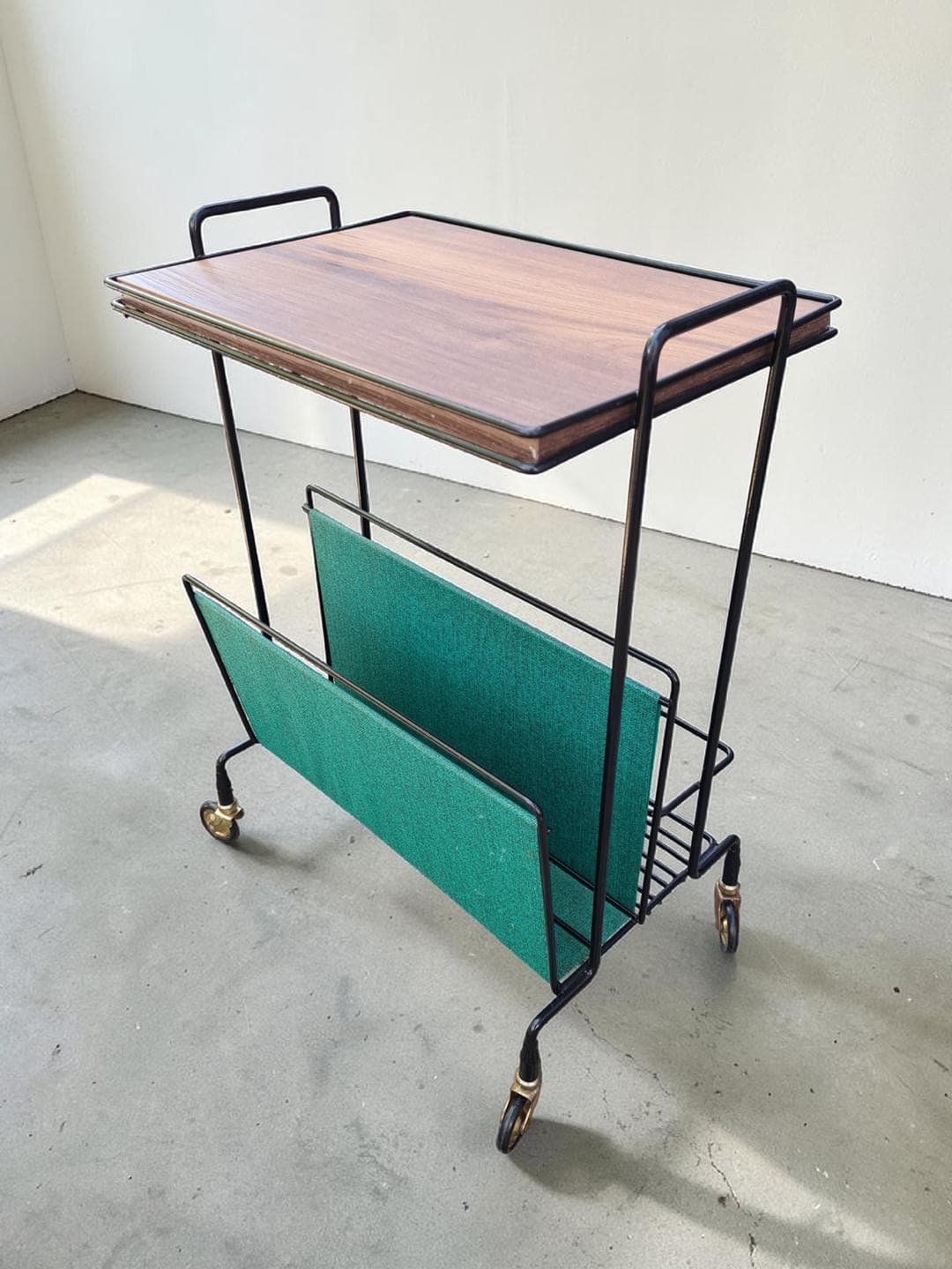 Side Table with Magazine Rack, brown wood veneer, black metal, green fabric, gold brass, 1970s. - 306069