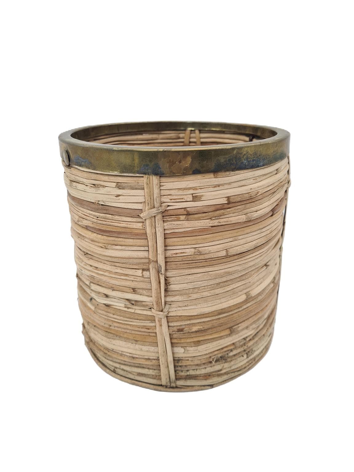 Basket, beige rattan, gold brass, Italy, 1970s