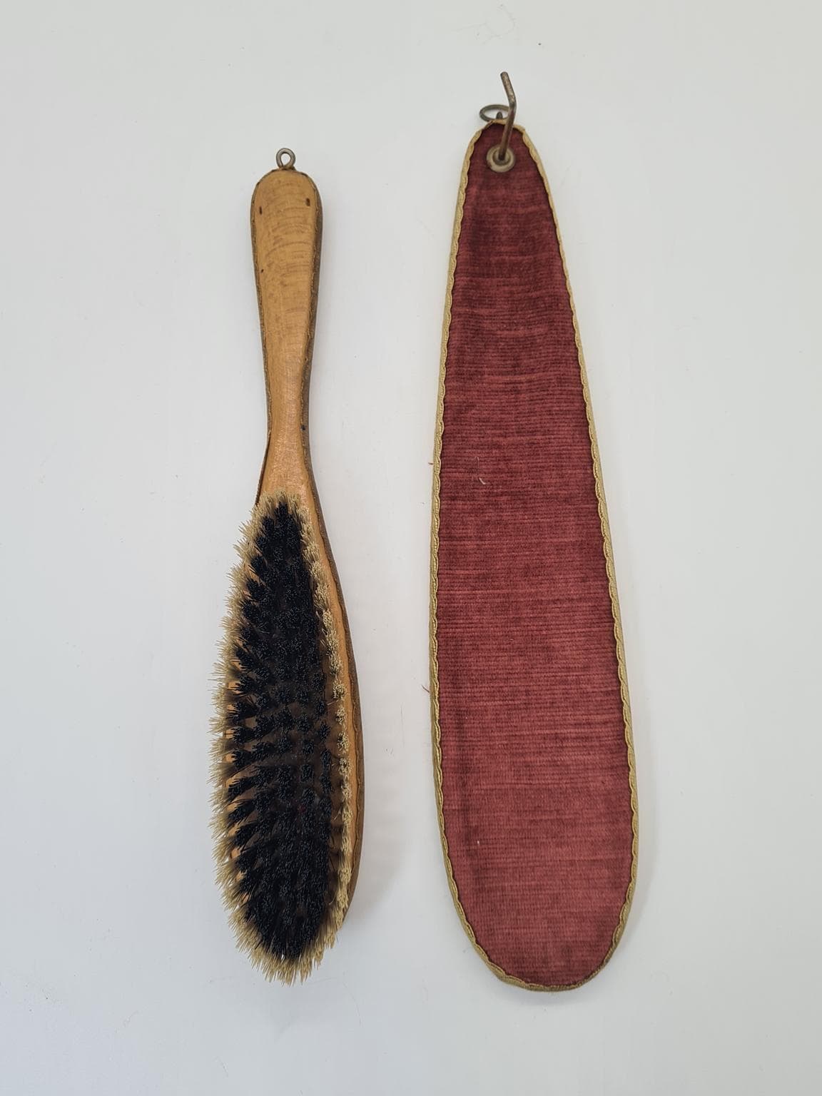 Clothes Brush Set with Case, burgundy velvet, natural bristles, metal, Europe, 1960s - 305194