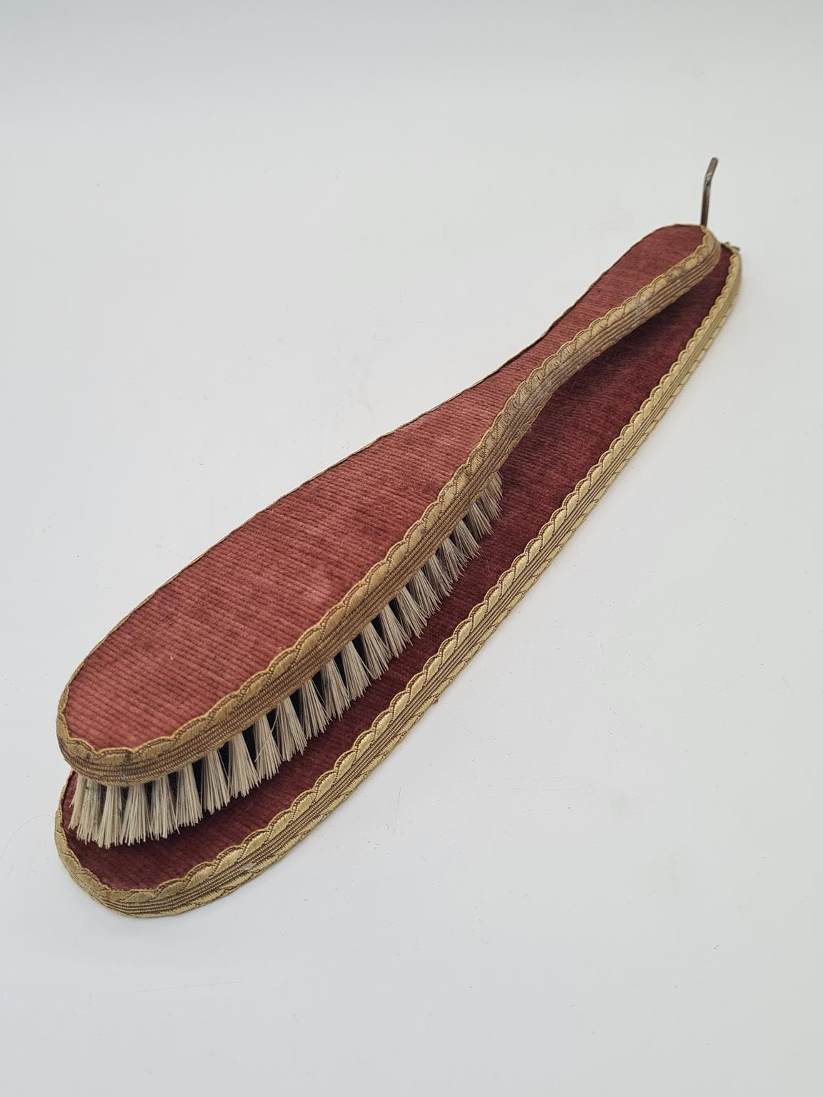 Clothes Brush Set with Case, burgundy velvet, natural bristles, metal, Europe, 1960s - 305191