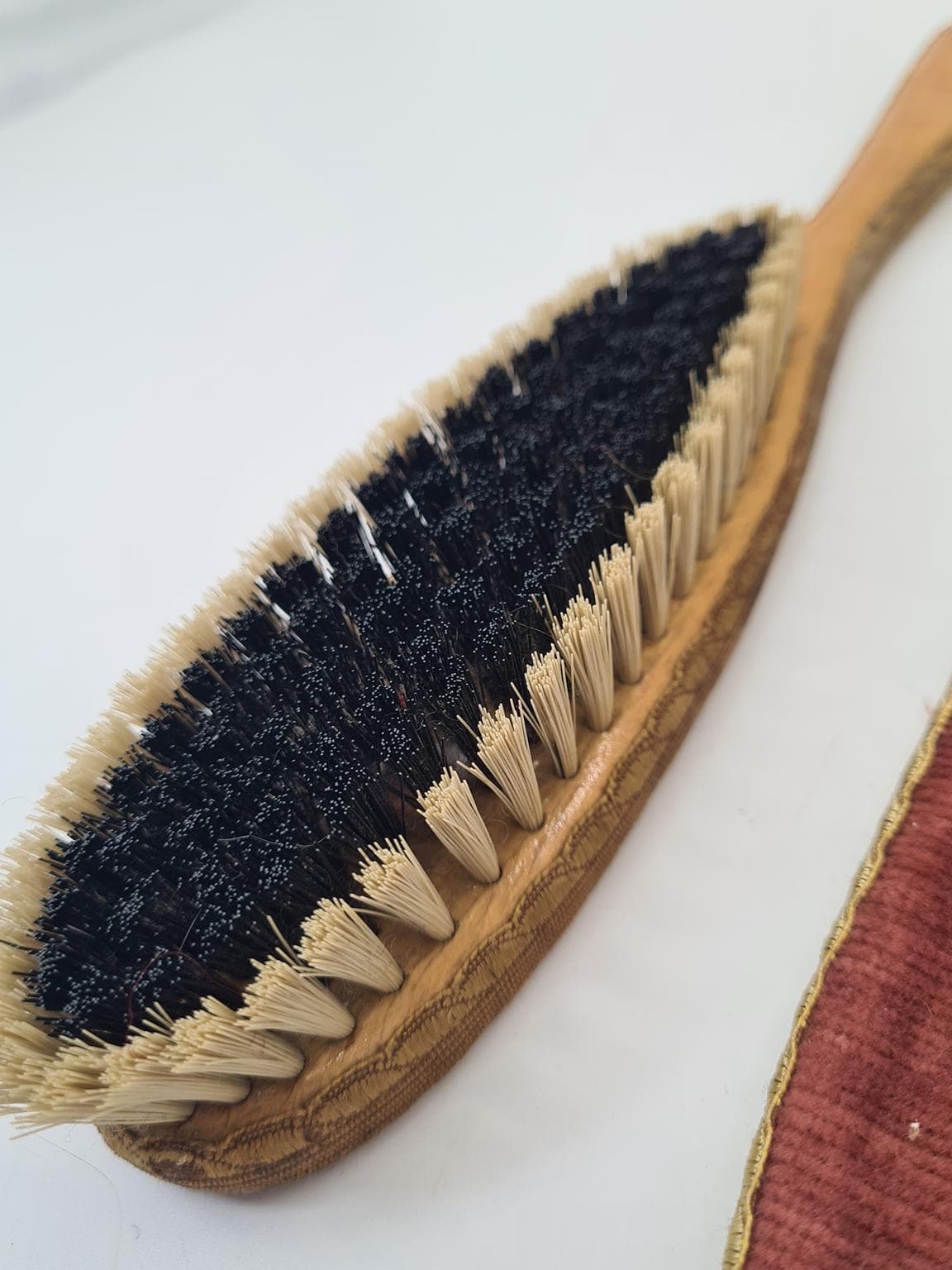 Clothes Brush Set with Case, burgundy velvet, natural bristles, metal, Europe, 1960s - 305195