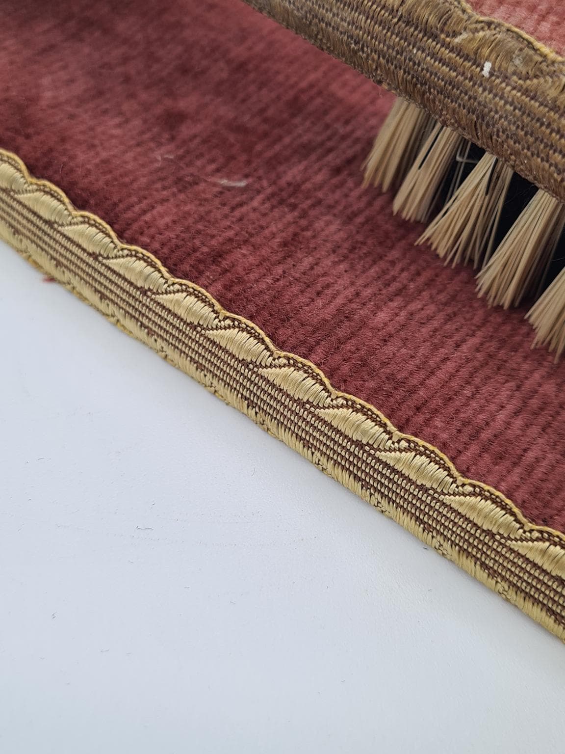Clothes Brush Set with Case, burgundy velvet, natural bristles, metal, Europe, 1960s - 305196