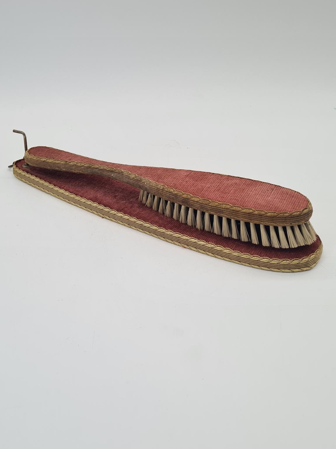 Clothes Brush Set with Case, burgundy velvet, natural bristles, metal, Europe, 1960s - 305192