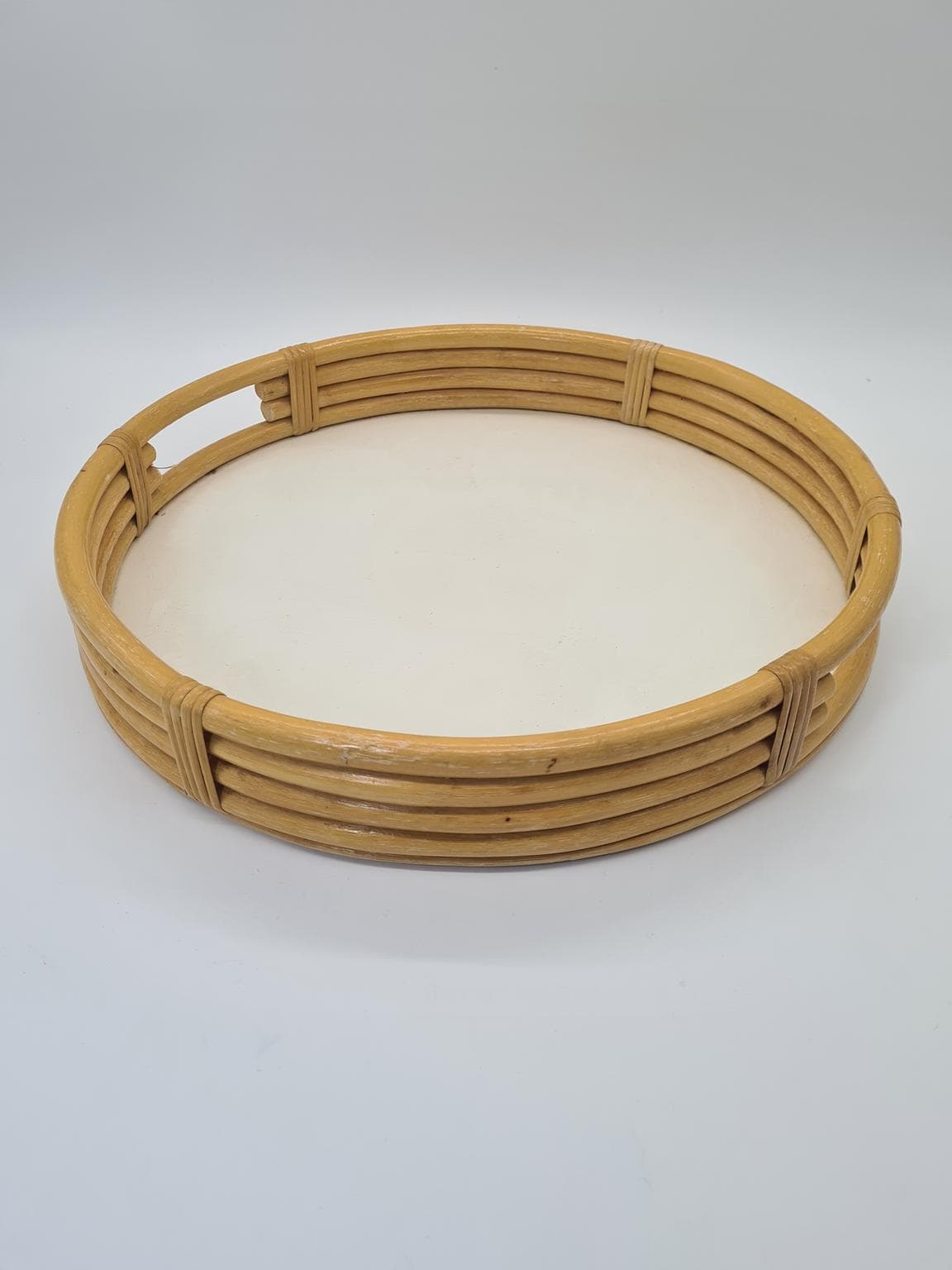 Round tray, brown yellow, rattan wood, Europe, 1970s. - 305224