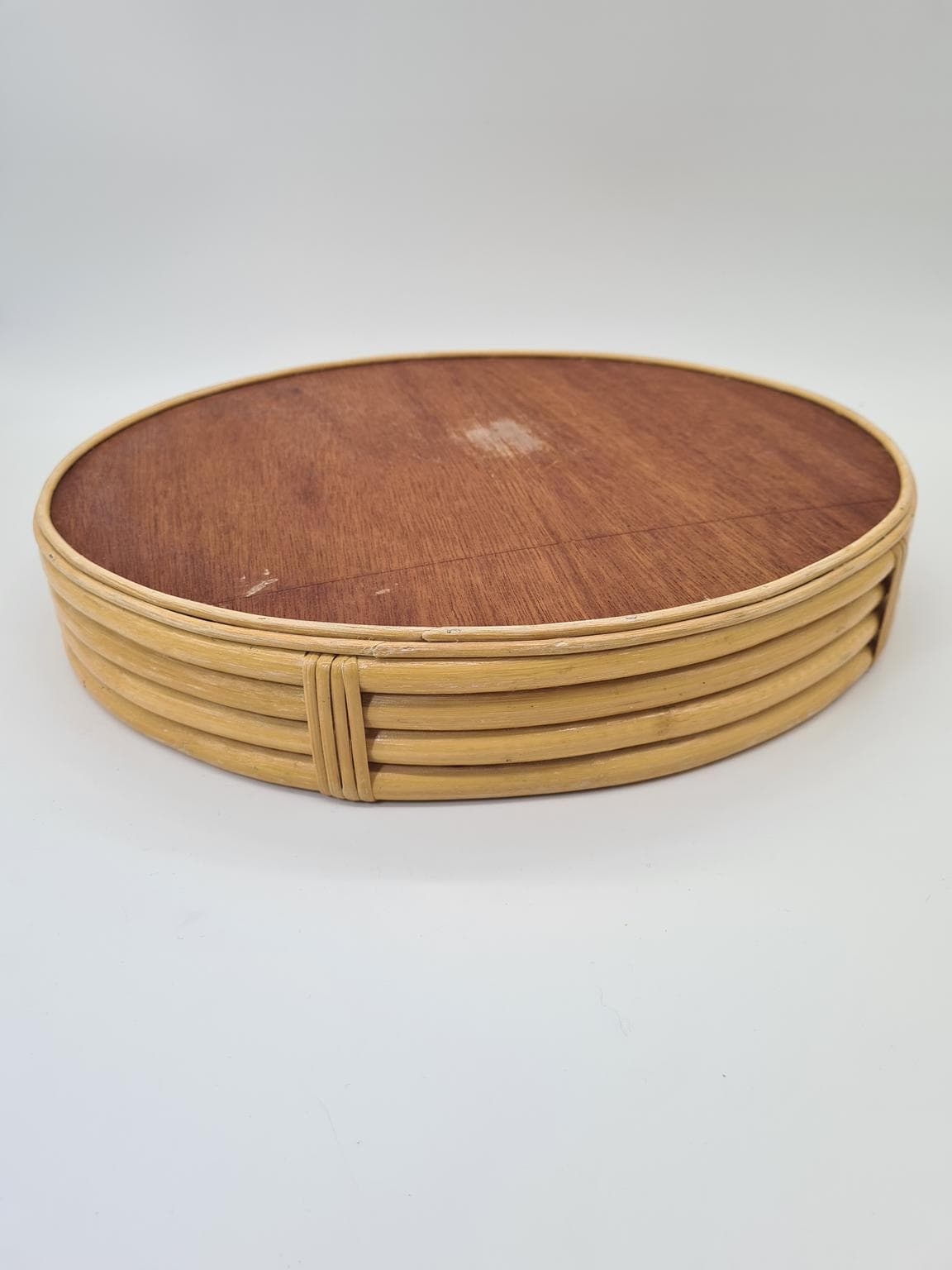 Round tray, brown yellow, rattan wood, Europe, 1970s. - 305221