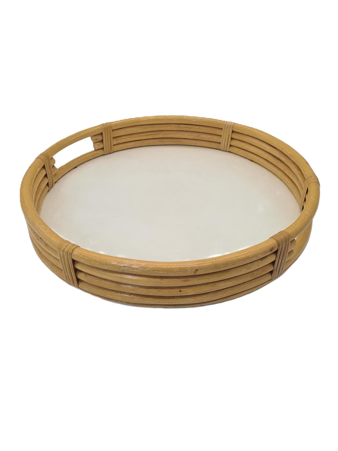Round tray, brown yellow, rattan wood, Europe, 1970s.