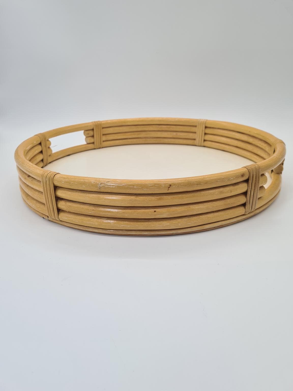 Round tray, brown yellow, rattan wood, Europe, 1970s. - 305225